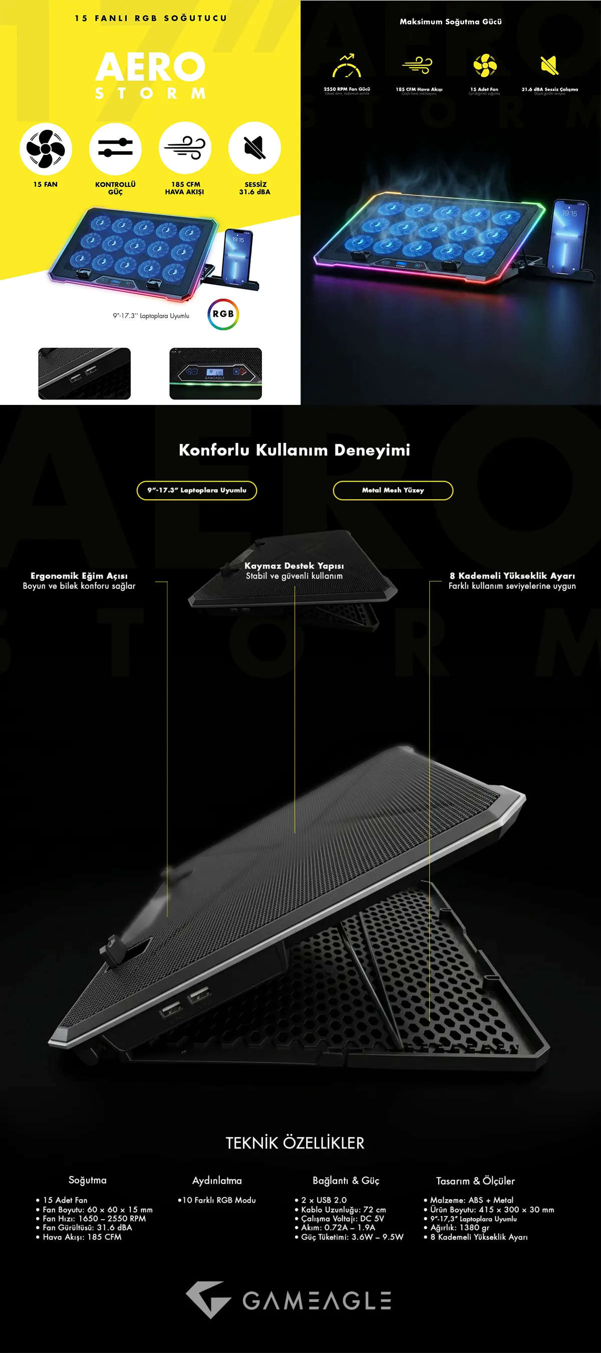 Aero Storm V15 RGB 15 Fanlı 10 RGB Modlu 9-17.3'' Notebook Soğutucu