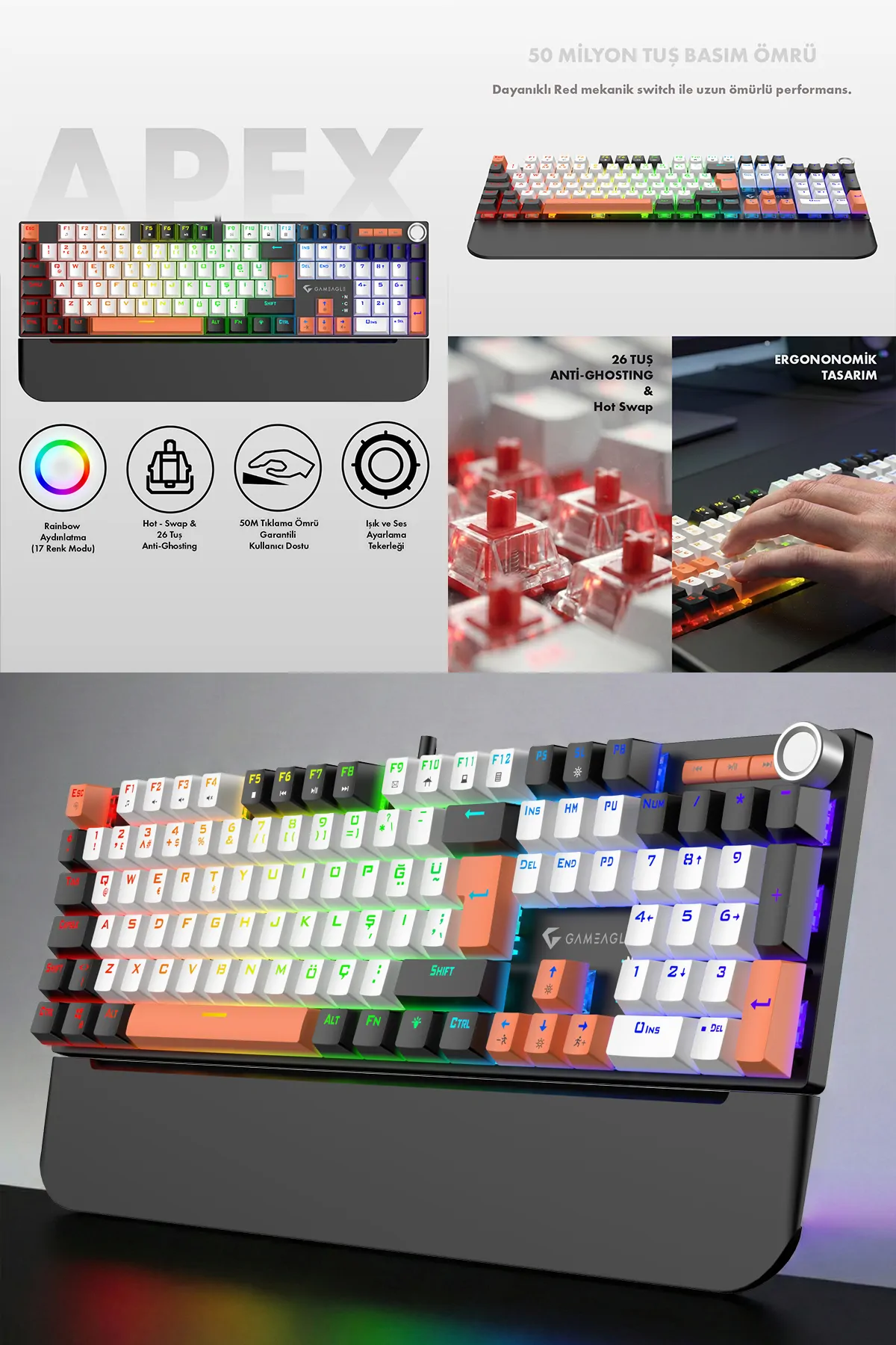 Apex Elite Rainbow Full Anti-Ghosting Mekanik Oyuncu Klavyesi