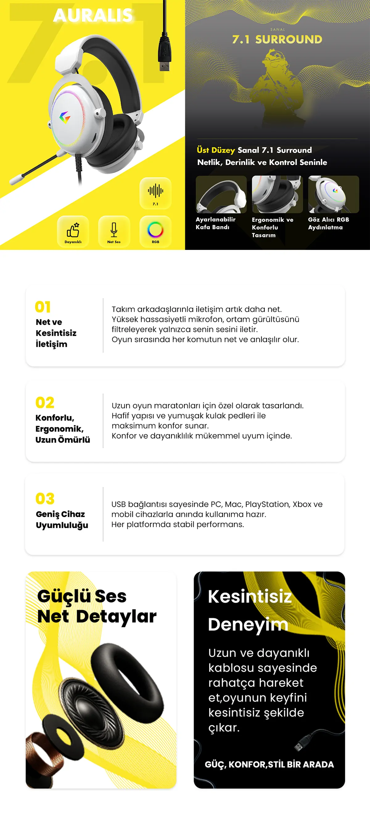 Auralis 7.1 RGB Kablolu Mikrofonlu Profesyonel Oyuncu Kulaklığı Beyaz