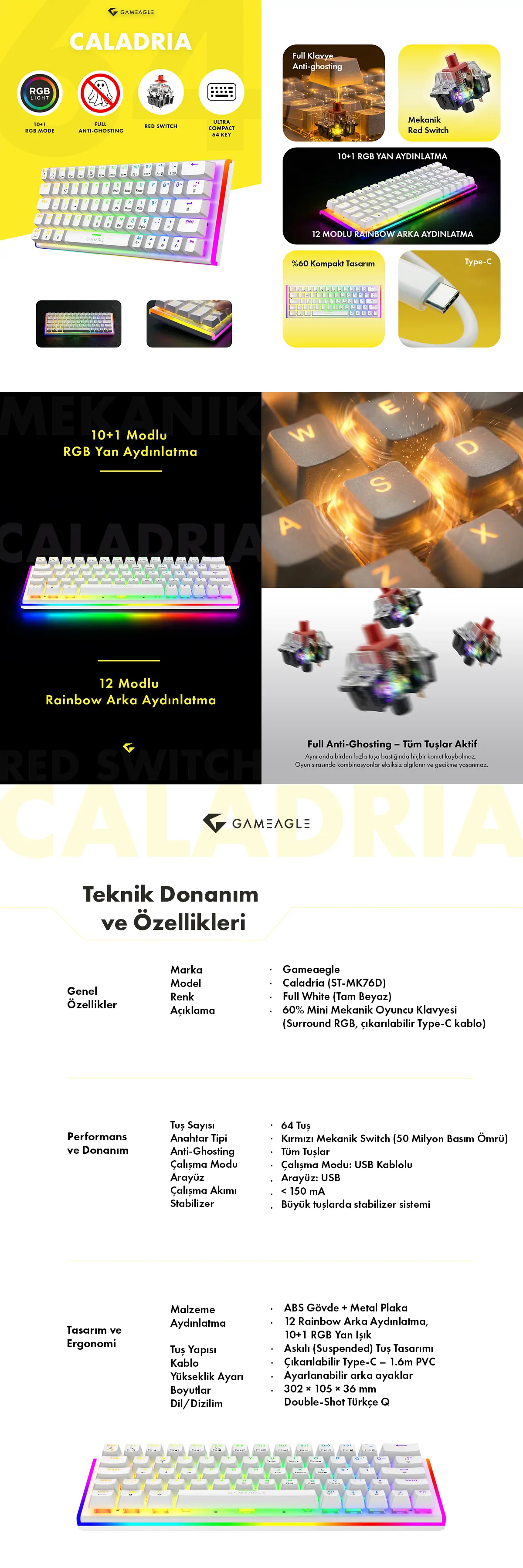 Caladria RGB Kablolu Full Anti-Ghosting Mekanik Oyuncu Klavyesi Beyaz