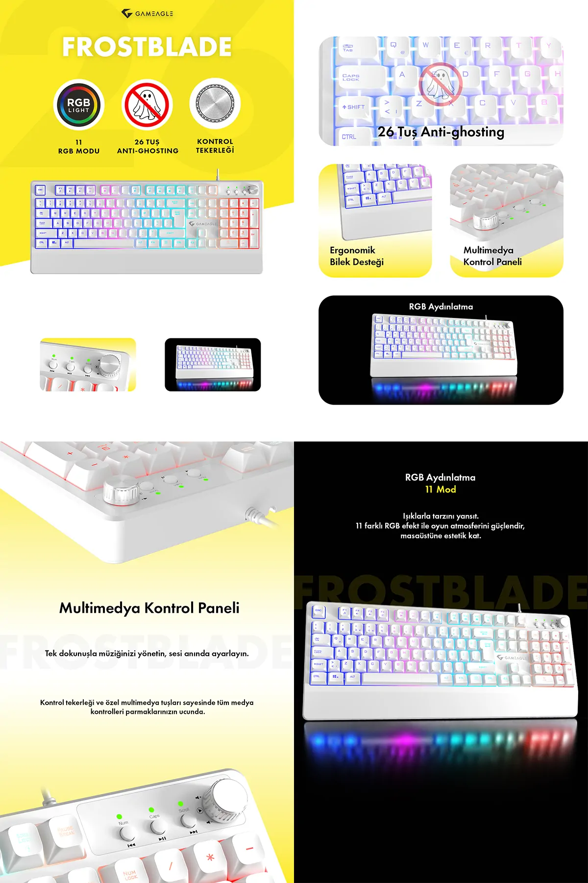 Frost Blade RGB Kablolu Membran Bilek Destekli Oyuncu Klavyesi Beyaz