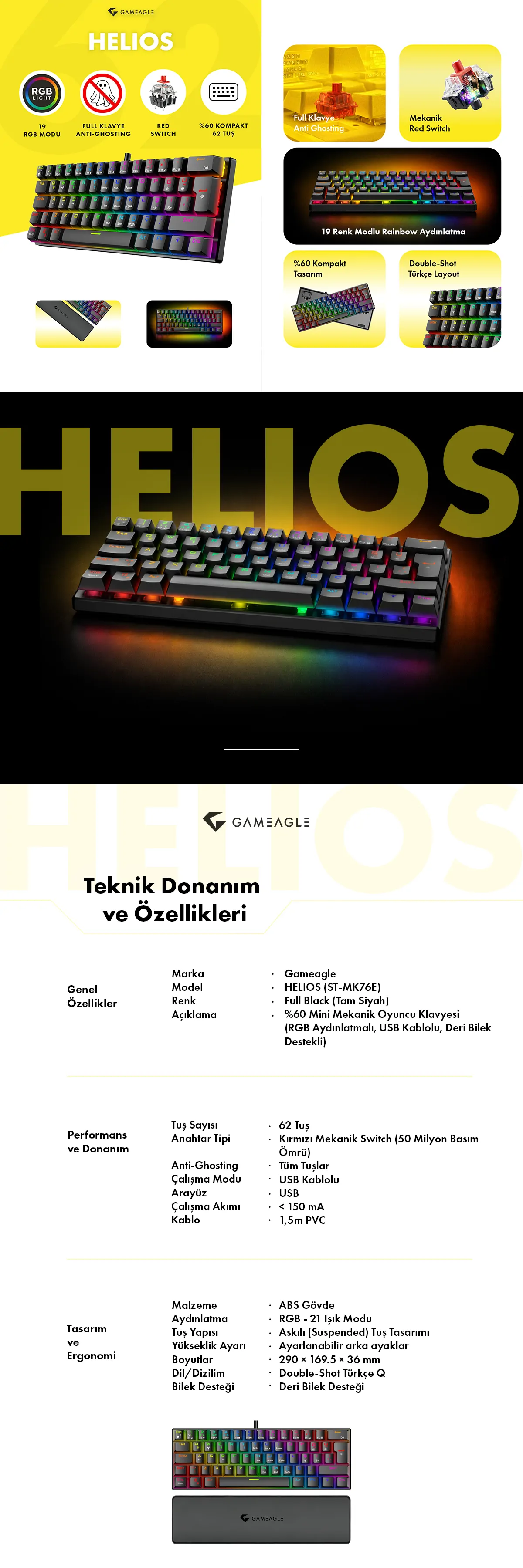 Helios RGB Kablolu Bilek Destekli Mekanik Oyuncu Klavyesi Beyaz