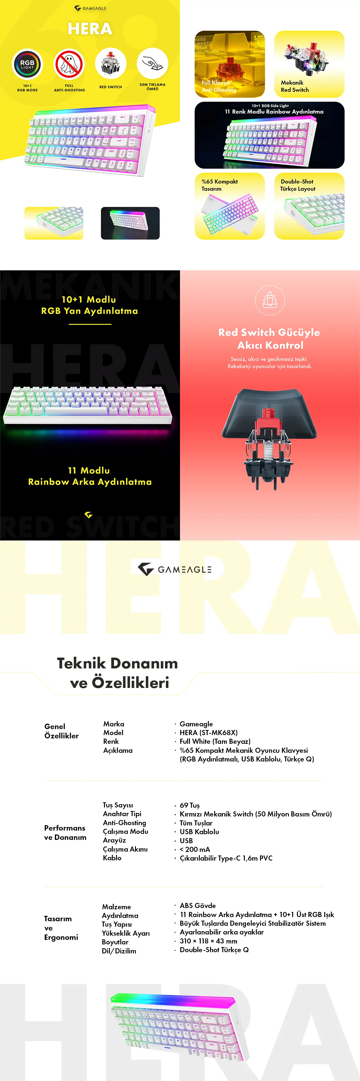 Hera RGB Kablolu Full Anti-Ghosting Mekanik Oyuncu Klavyesi Beyaz