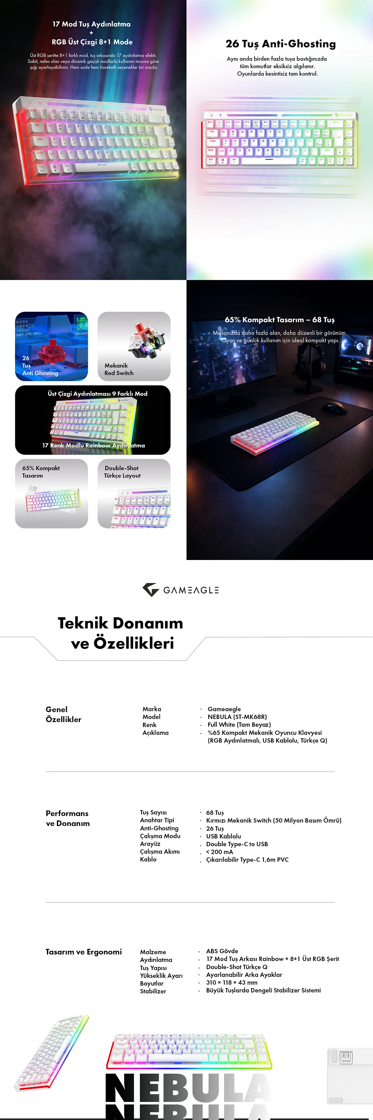 Nebula RGB Kablolu Full Anti-Ghosting Mekanik Oyuncu Klavyesi Beyaz
