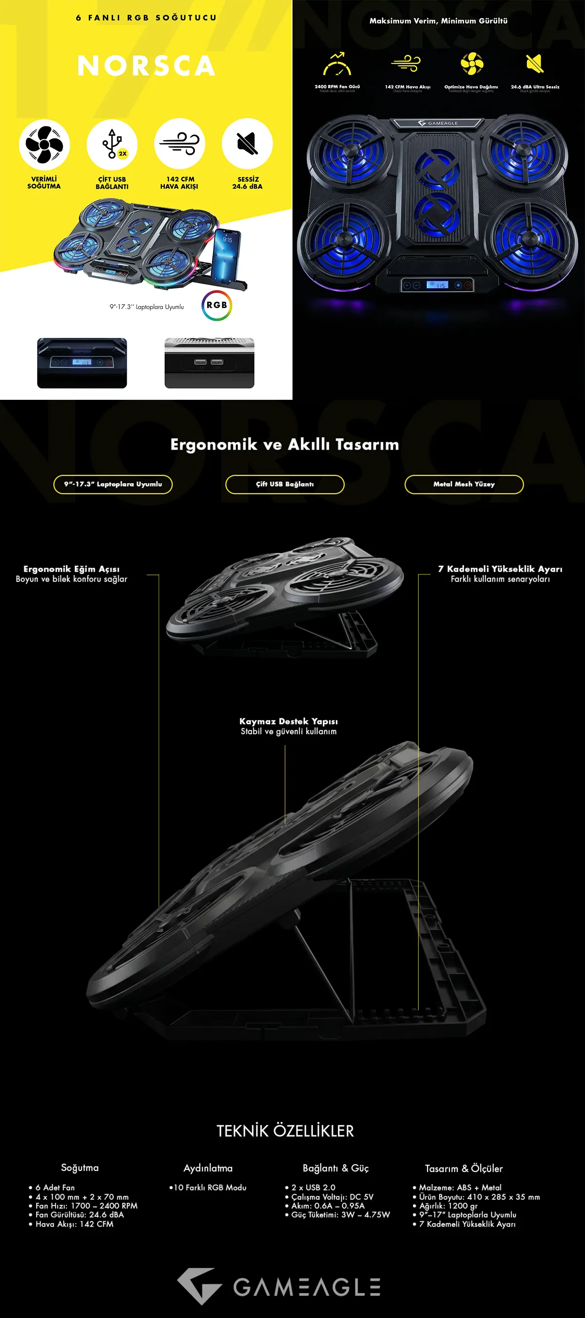Norsca S6 RGB 6 Fanlı 10 RGB Modlu  9-17’’ Notebook Soğutucu