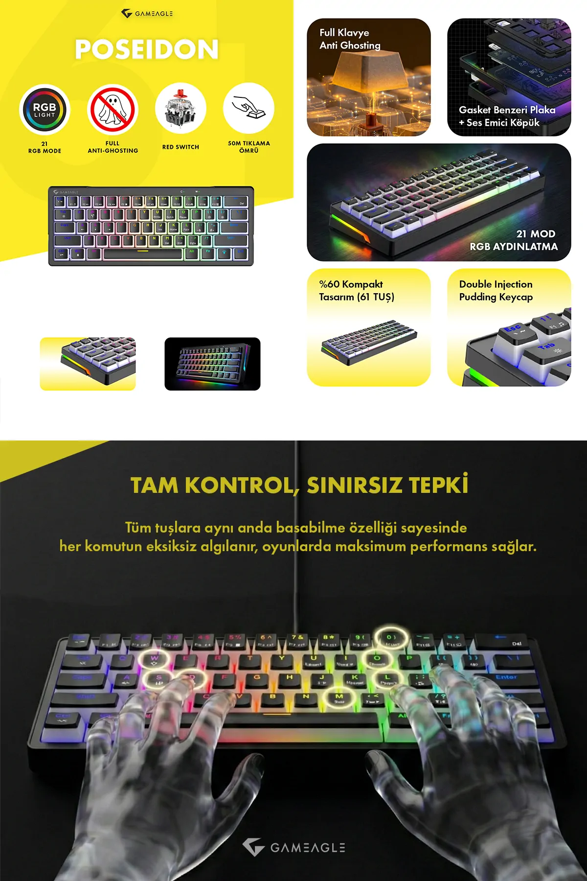 Poseidon RGB Kablolu Full Anti-Ghosting Mekanik Oyuncu Klavyesi Beyaz