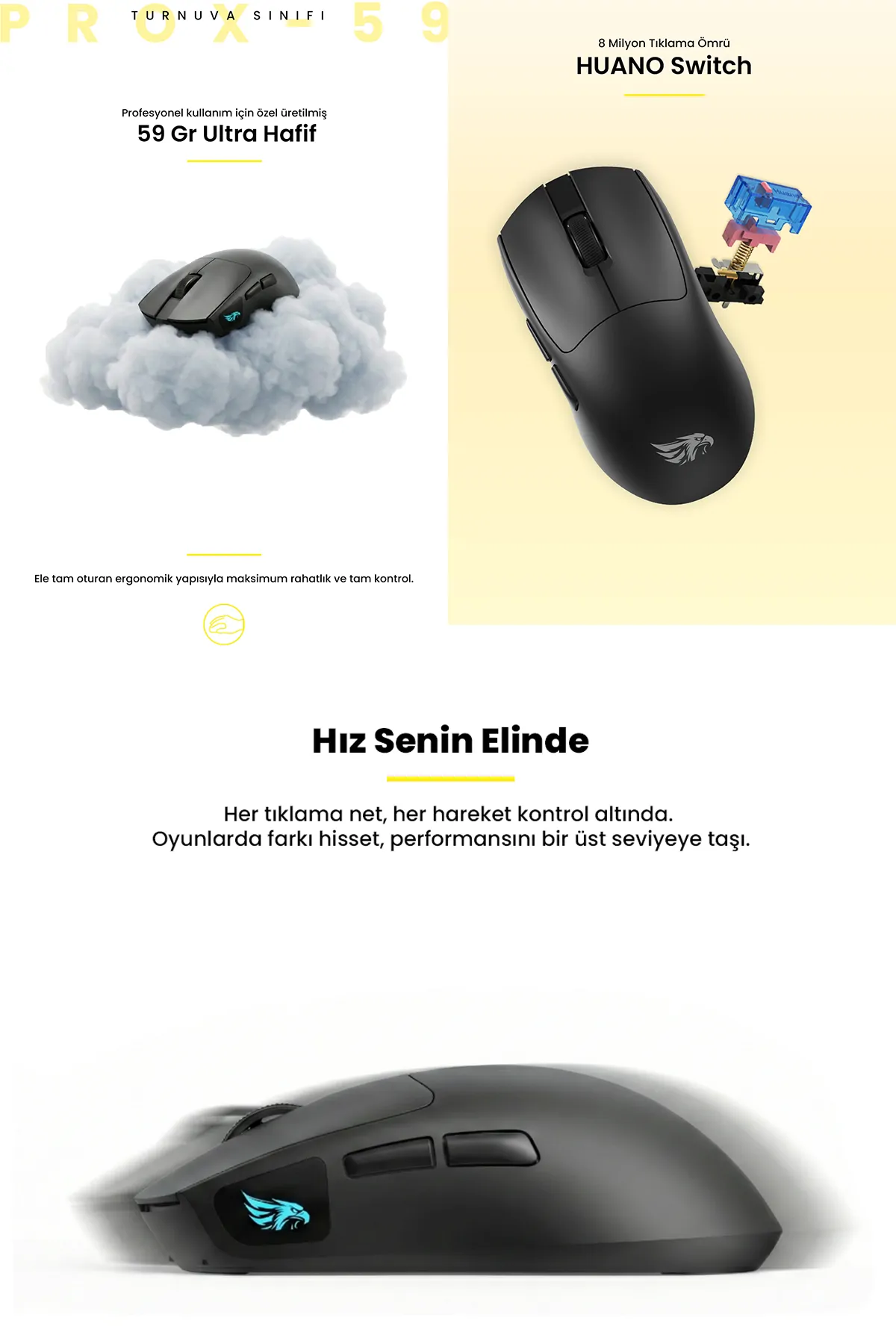Prox-59B Kablosuz Ultra Hafif 59gr 12800DPI Oyuncu Mouse Siyah