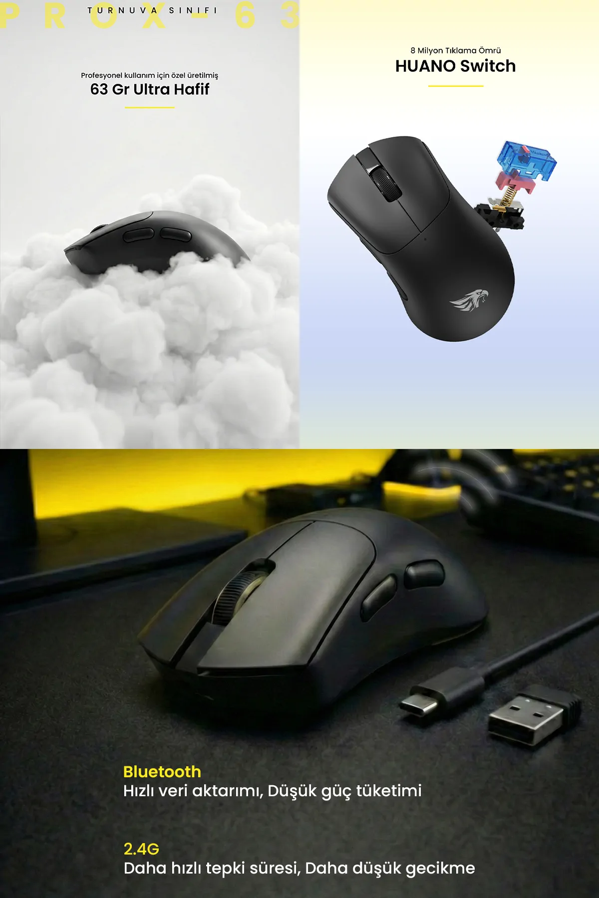 Prox-63B Kablosuz Ultra Hafif 63gr 12800DPI Oyuncu Mouse Siyah