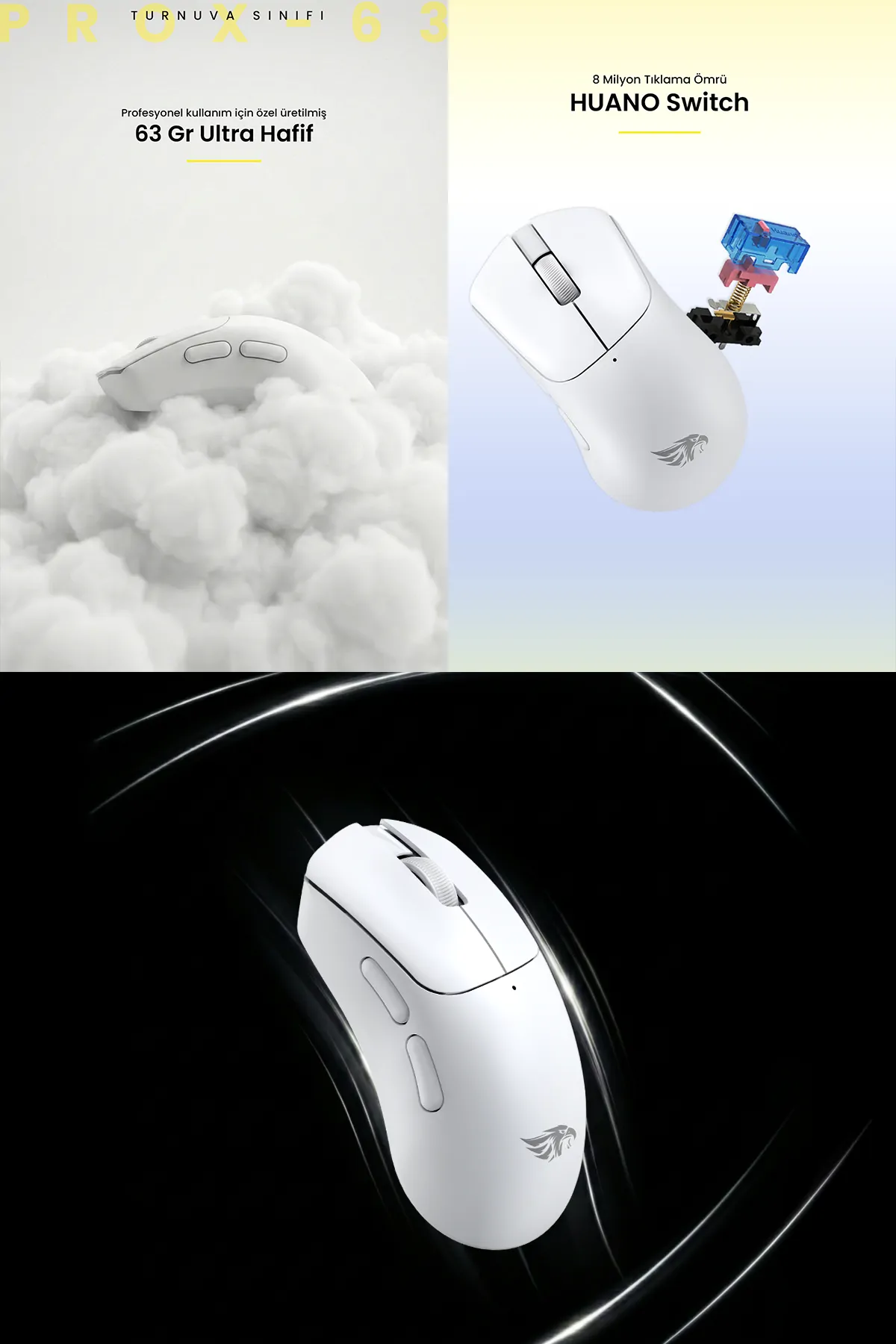 Prox-63W Kablosuz Ultra Hafif 63gr 12800DPI Oyuncu Mouse Beyaz