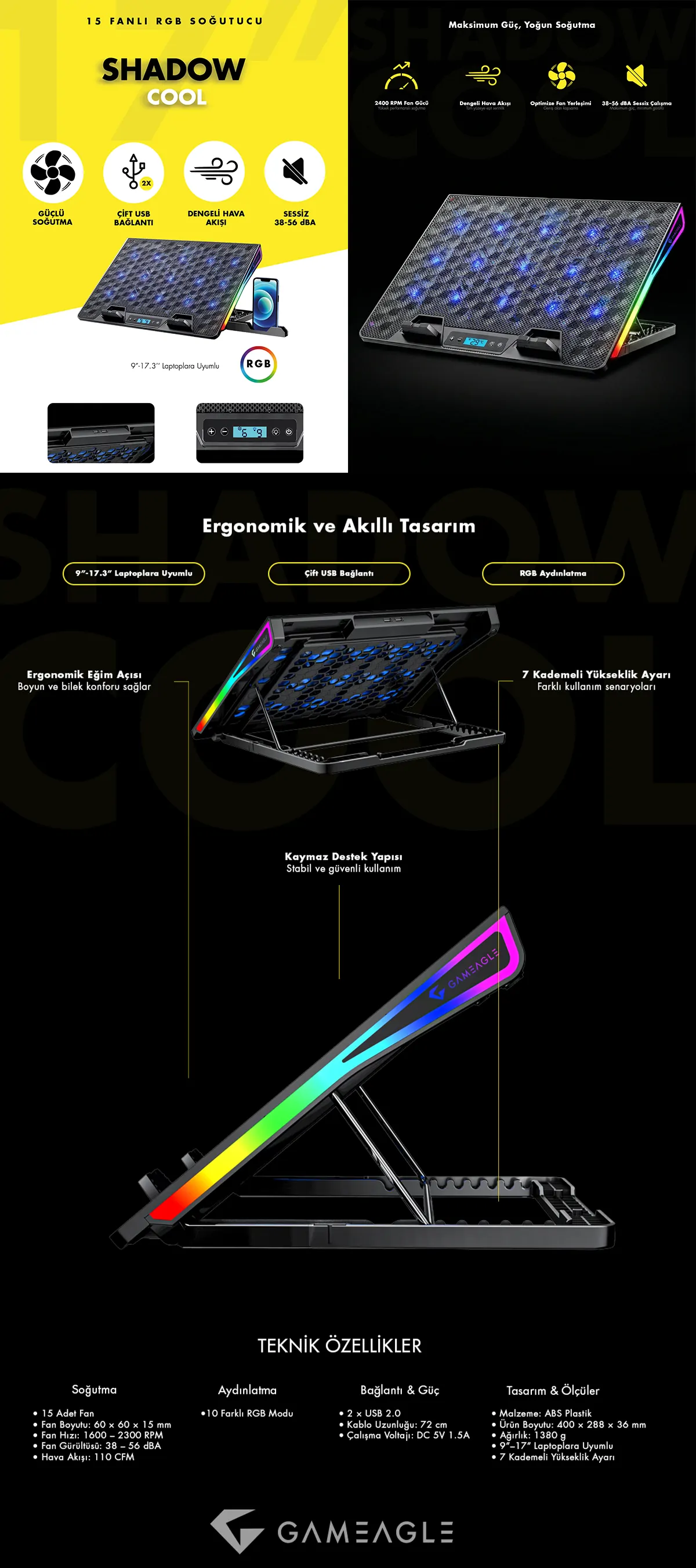 Shadow Cool GT15 RGB 15 Fanlı 10 RGB Modlu 9-17.3'' Notebook Soğutucu