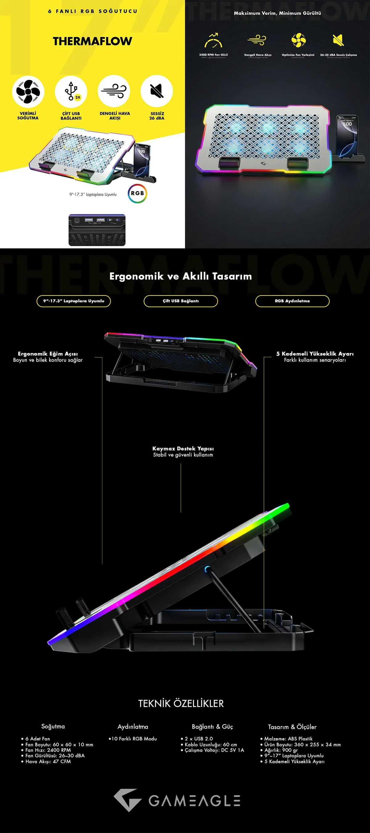 Thermaflow X6 RGB 6 Fanlı 10 RGB Modlu  9-17’’ Notebook Soğutucu